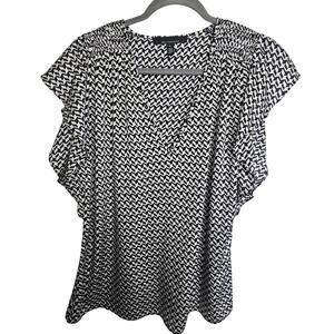 White House Black Market Blouse Vneck Black White Ruffle Sleeve Women L